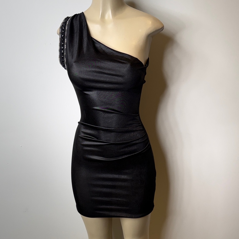 Symphony Black One-Shoulder Mini Dress with Studded Strap